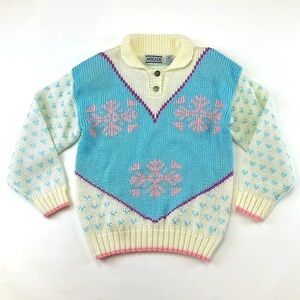 Vintage 80s cream blue pink pastel snowflake collared acrylic sweater Large